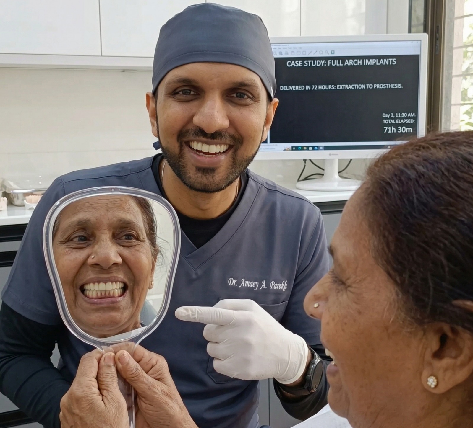 Old patient smiling looking at her new permanent teeth